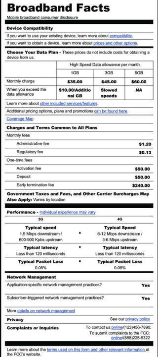 An example of the FCC’s mobile broadband label.